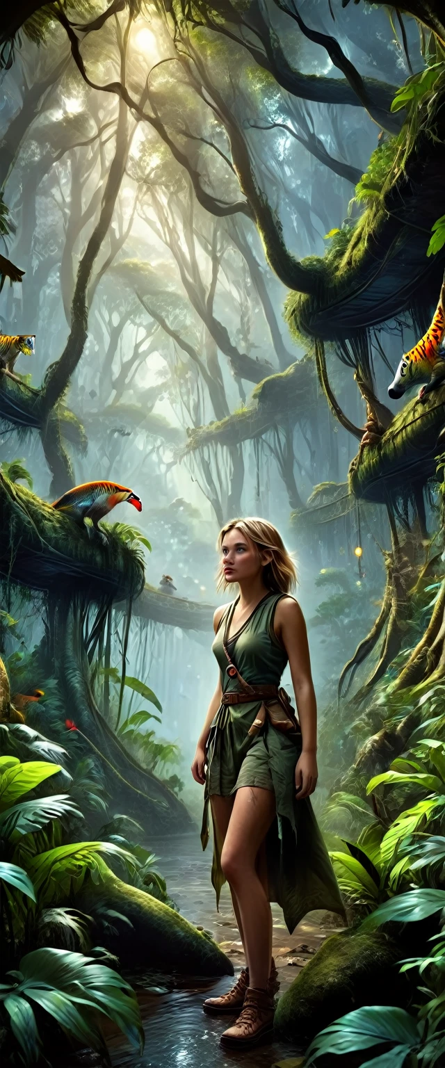 A beautiful girl exploring the mysterious jungle, detailed wildlife, exotic animals, dangerous traps, detailed realistic painting, cinematic lighting, dramatic colors, (best quality,4k,8k,highres,masterpiece:1.2),ultra-detailed,(realistic,photorealistic,photo-realistic:1.37),fantasy,adventure,concept art