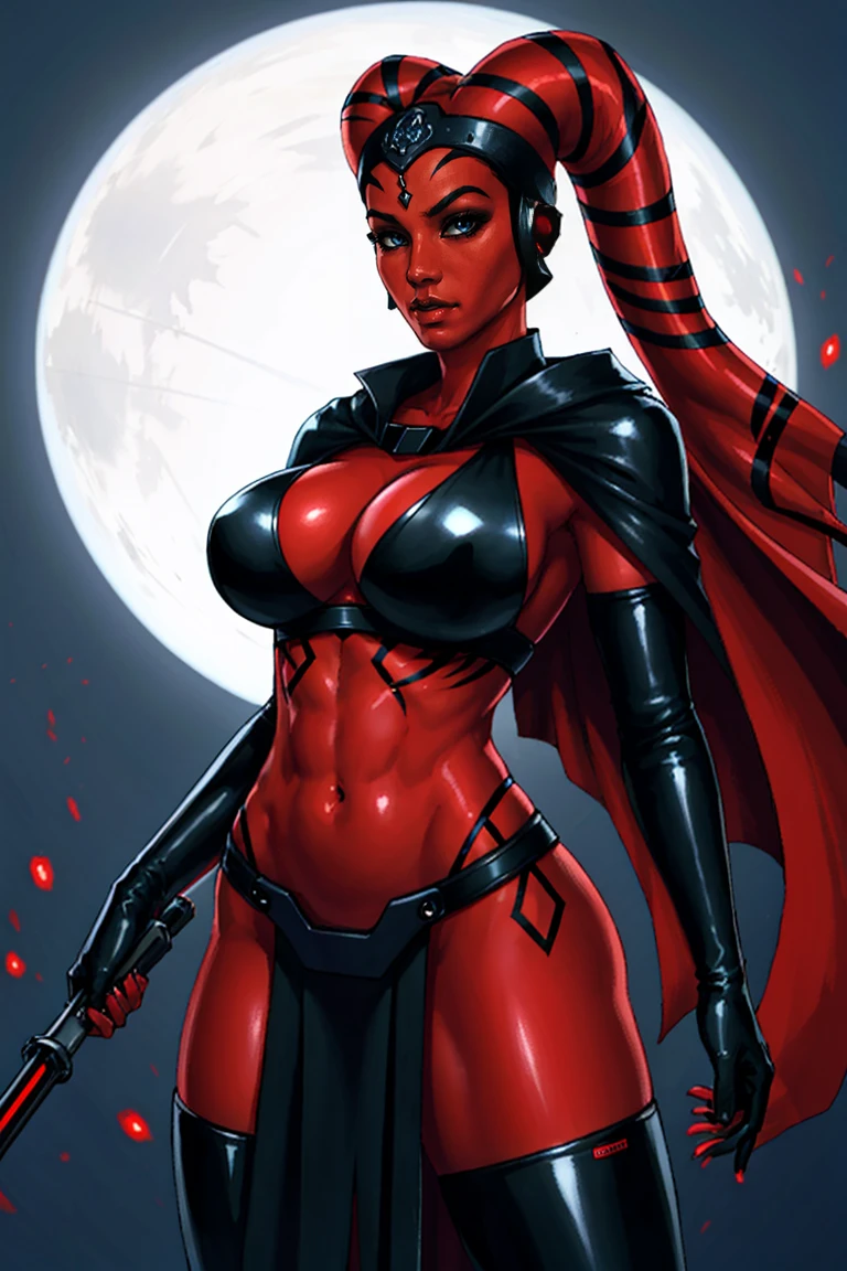 Brutal Red Skin Twi'lek with huge breasts wearing futuristic ((sleek (black) tunic)), robes, cowl, cape, huge breasts, slim hips, small waist, full-body shot