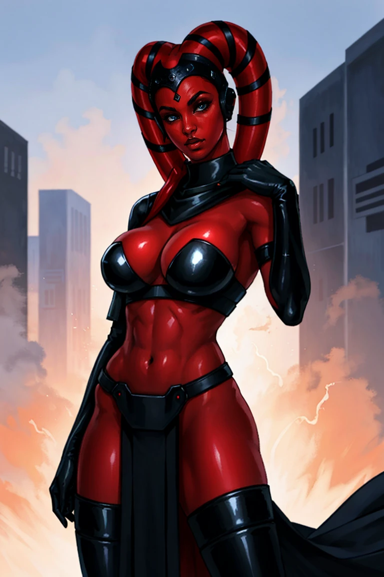 Brutal Red Skin Twi'lek with huge breasts wearing futuristic ((sleek (black) tunic)), robes, cowl, cape, huge breasts, slim hips, small waist, full-body shot