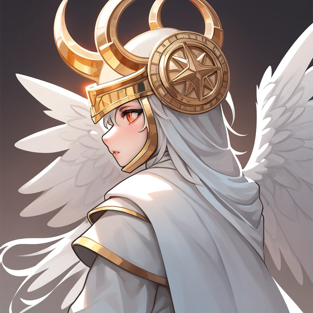 Angel Priest with a helm and white robes and white wings in profile picture art style