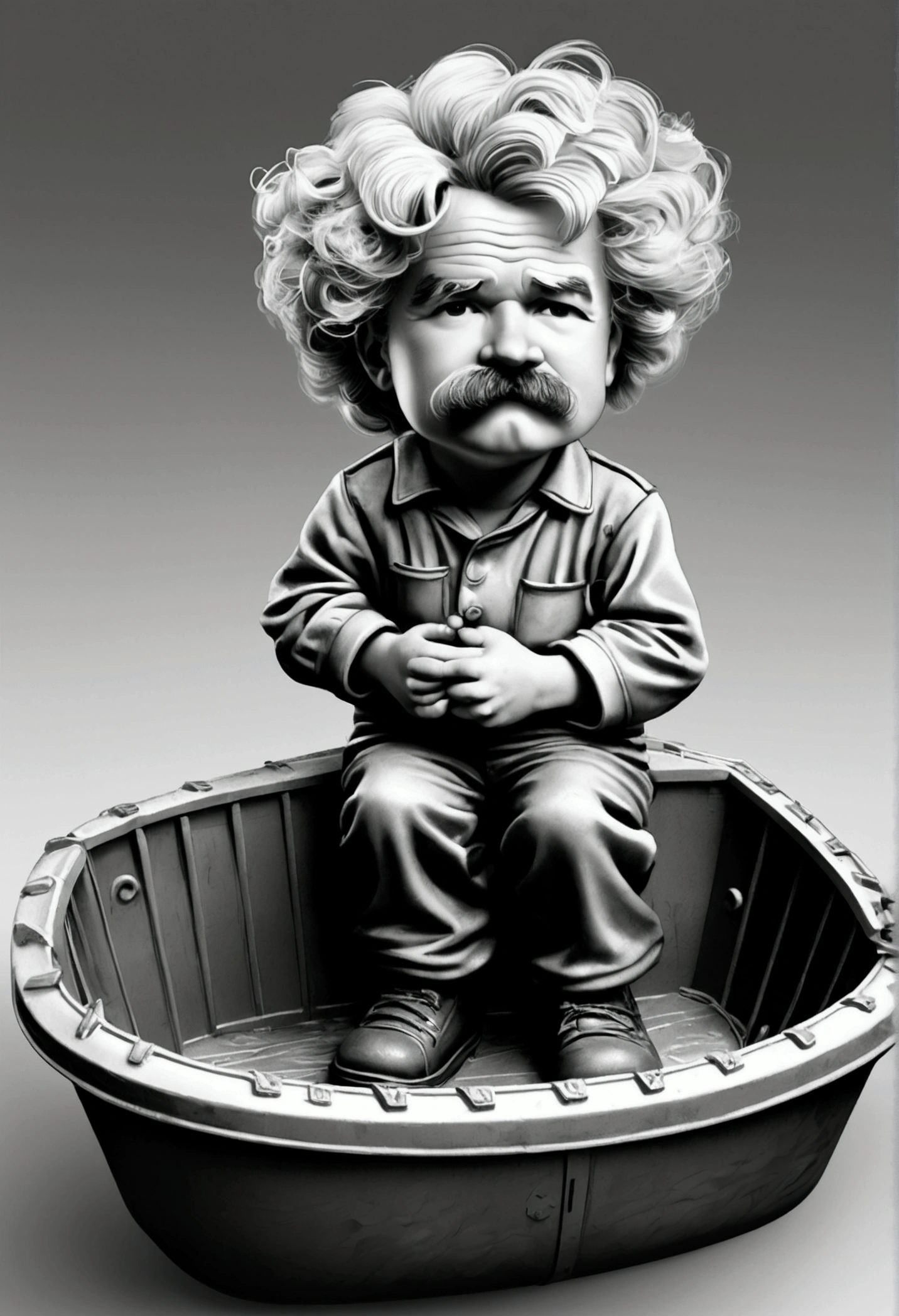 ((Mark Twain as a garbage pail kid, inside a boat, dirty disgusting kid)), snot on kid, black to white gradient background, 3d cartoon, high quality, detailed,