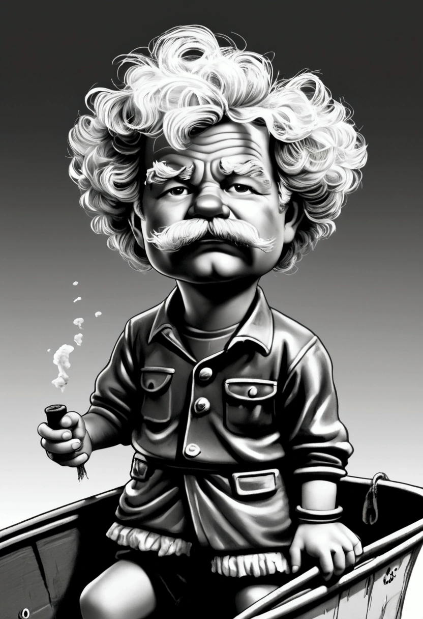 ((Mark Twain as a garbage pail kid, inside a boat, dirty disgusting kid)), snot on kid, black to white gradient background, 3d cartoon, high quality, detailed,