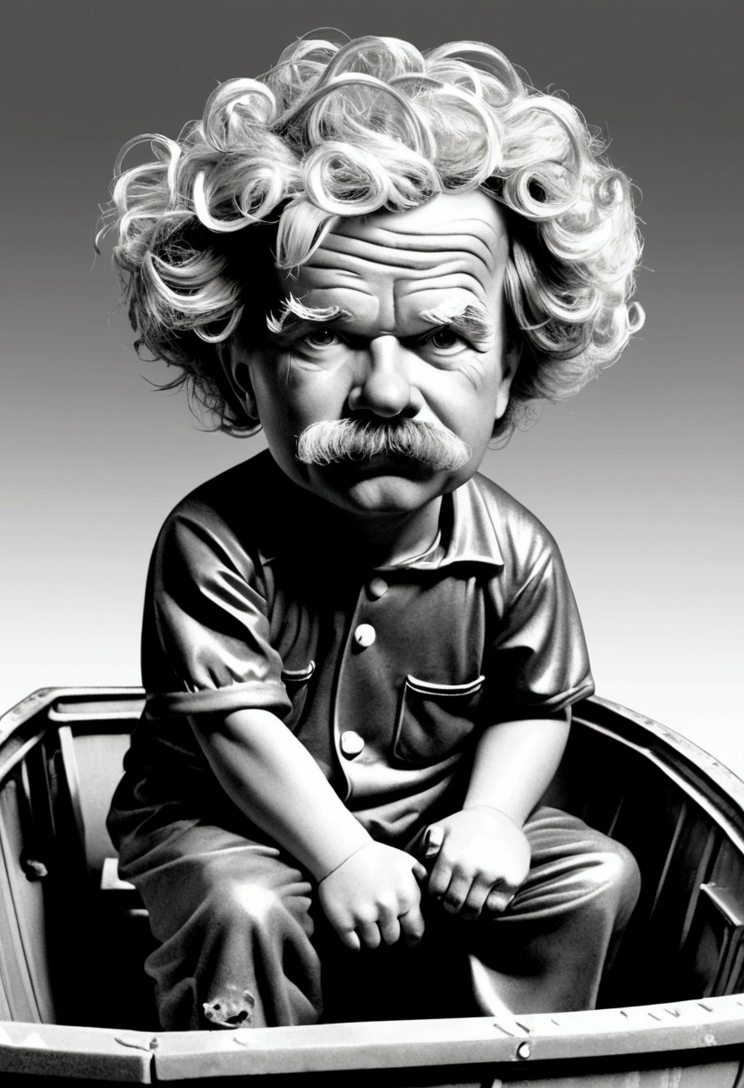 ((Mark Twain as a garbage pail kid, inside a boat, dirty disgusting kid)), snot on kid, black to white gradient background, 3d cartoon, high quality, detailed,