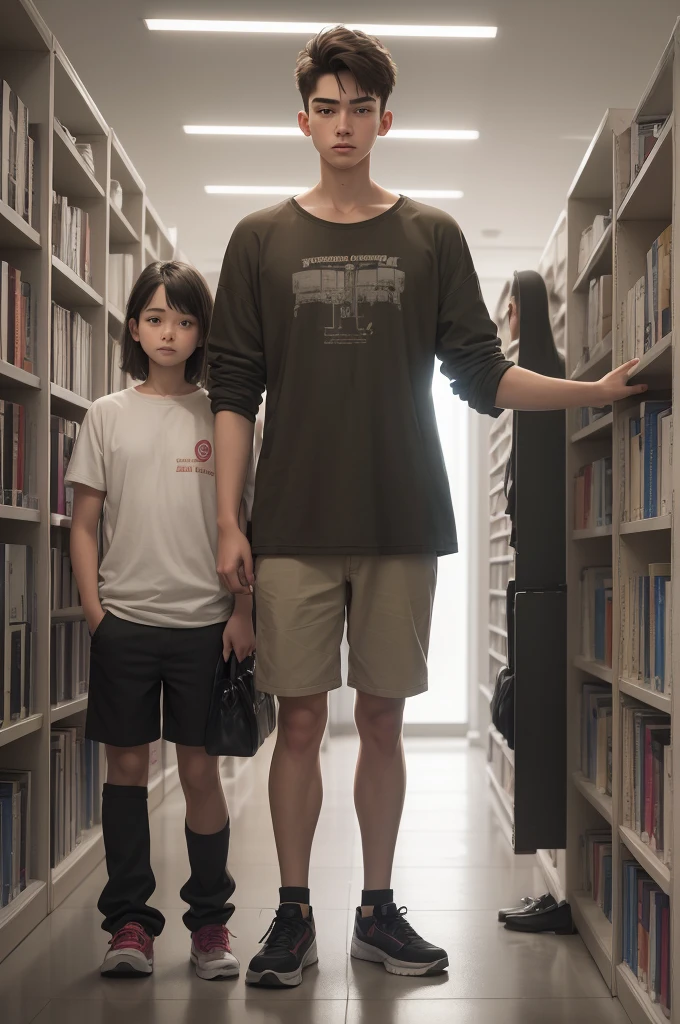 A tall and strong 18years old girl close to a short and shy 18 years old boy at a library