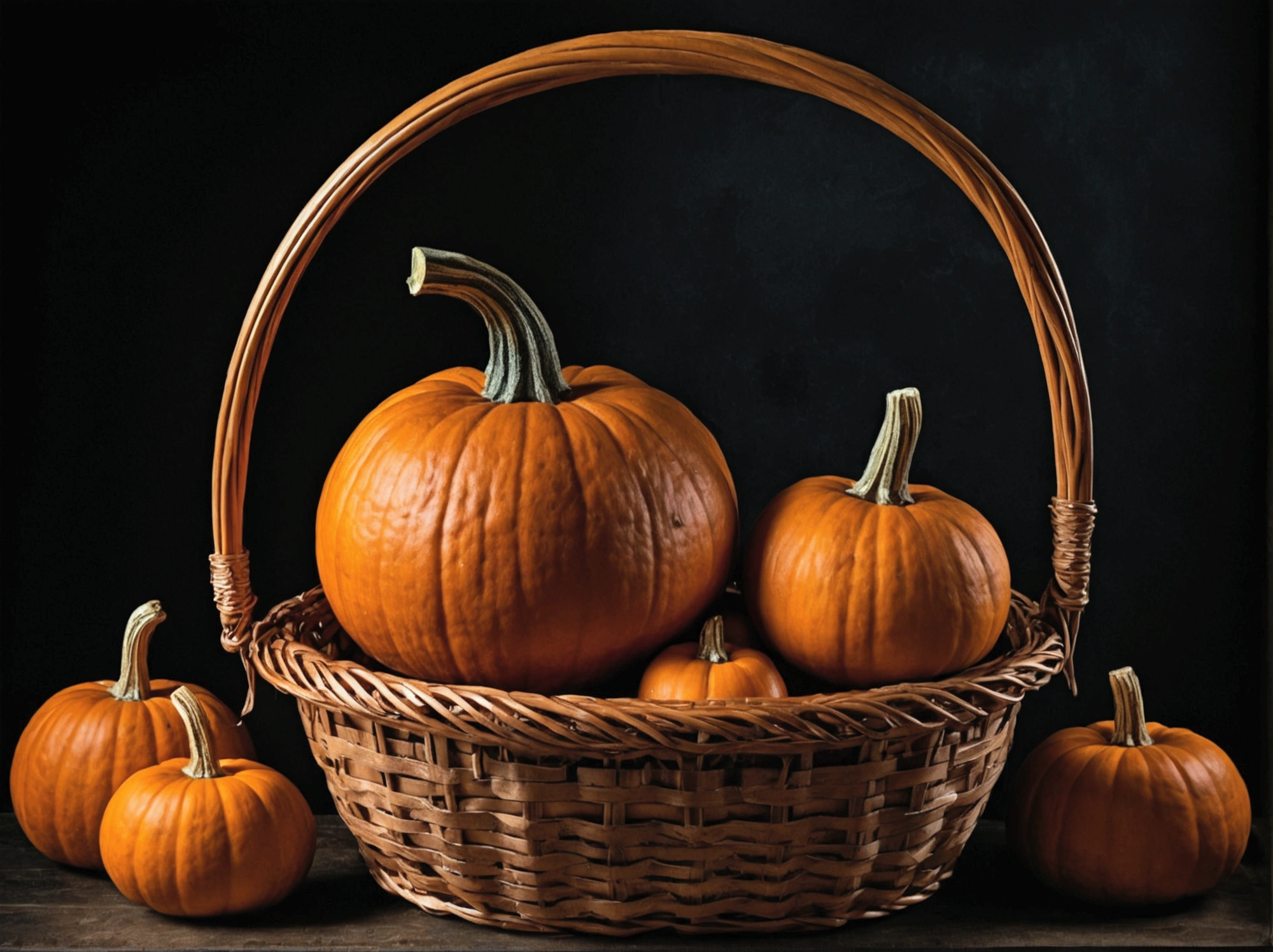 Pumpkin in a basket, Dark Background, --Caravaggio style, --No frame or canvas
