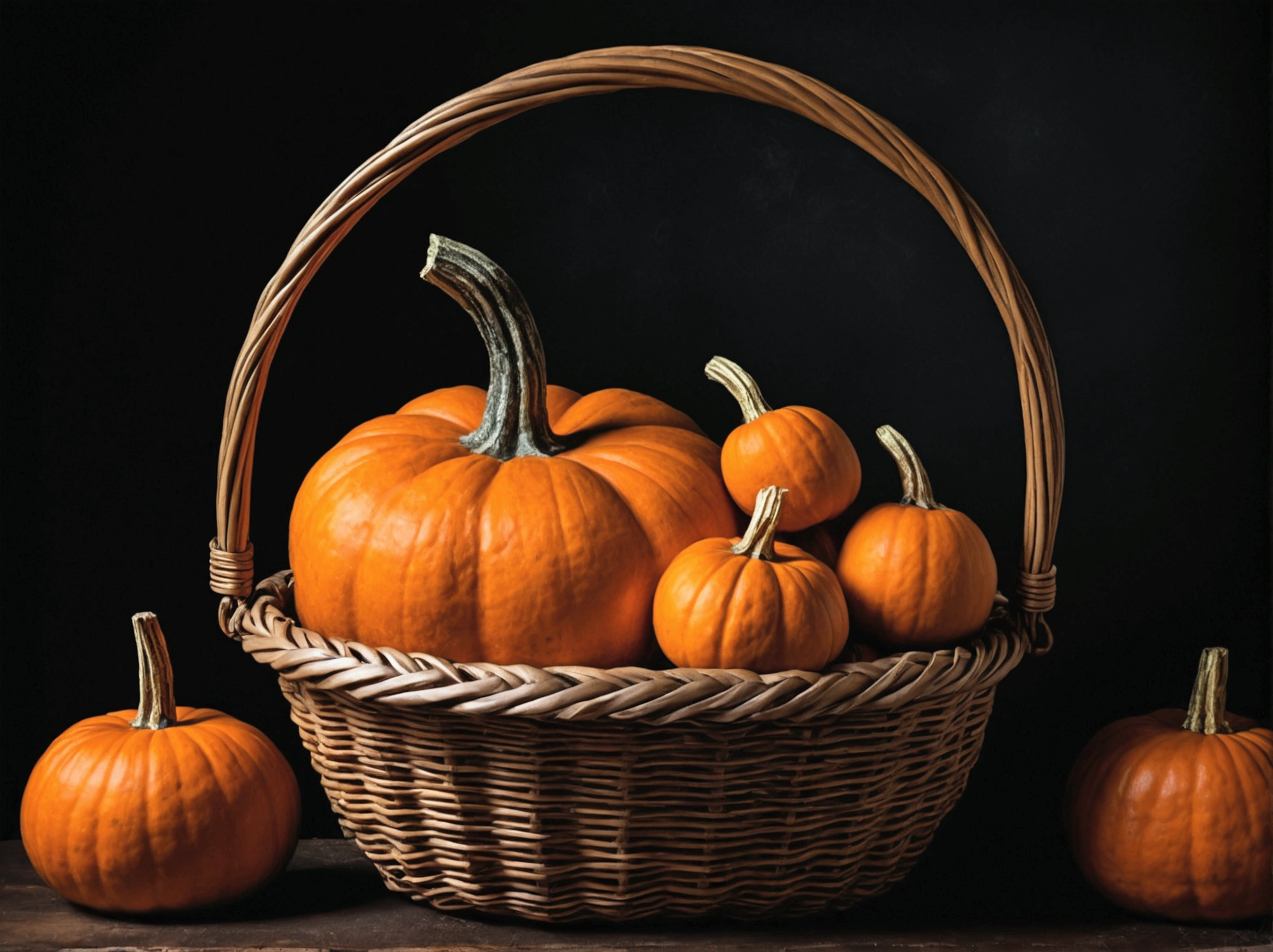 Pumpkin in a basket, Dark Background, --Caravaggio style, --No frame or canvas