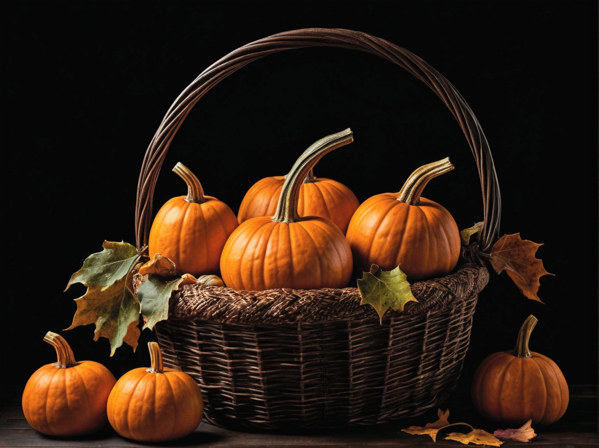 Pumpkin in a basket, Dark Background, --Caravaggio style, --No frame or canvas