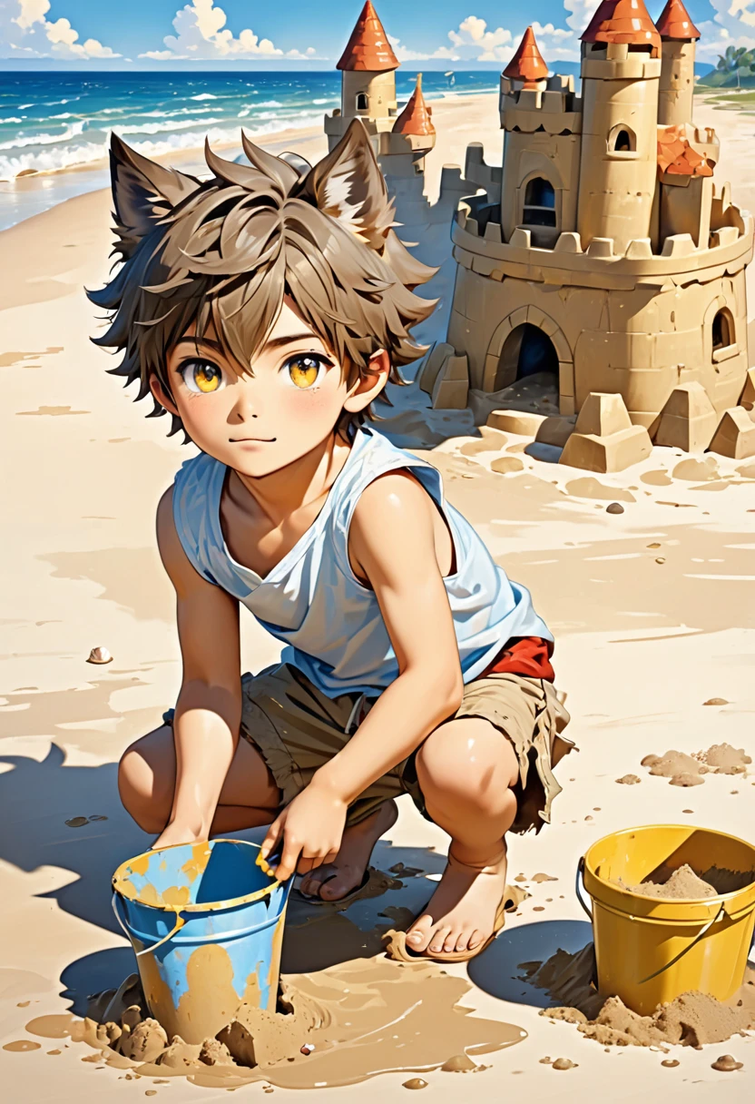 A wolf boy with light fur and small ears,the golden eyes,the boy wears cute, dirt-stained shorts,he is on the beach with a bucket and sand with a sticky sandcastle.