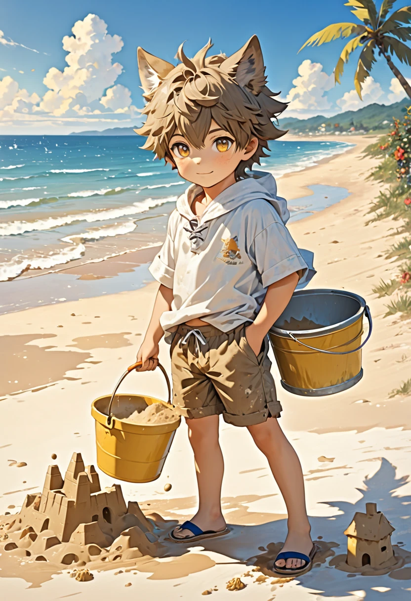 A wolf boy with light fur and small ears,the golden eyes,the boy wears cute, dirt-stained shorts,he is on the beach with a bucket and sand with a sticky sandcastle.