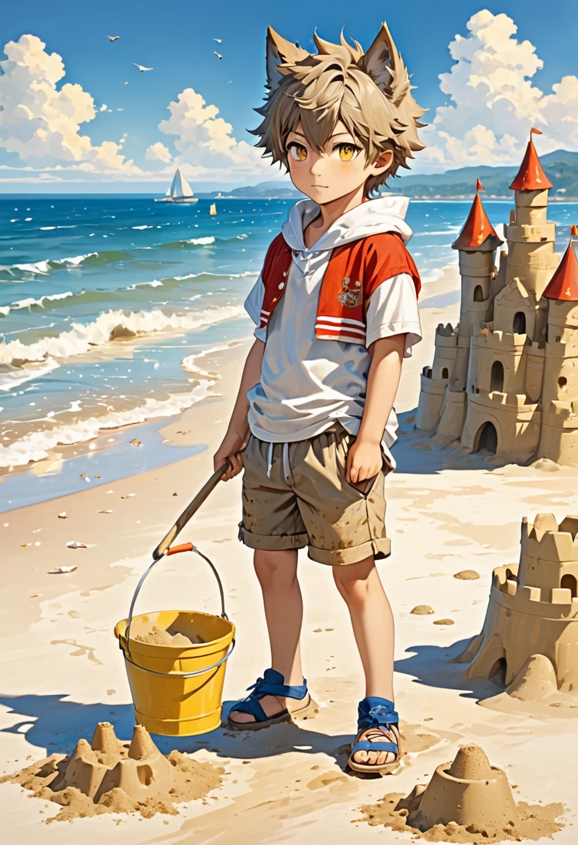 A wolf boy with light fur and small ears,the golden eyes,the boy wears cute, dirt-stained shorts,he is on the beach with a bucket and sand with a sticky sandcastle.