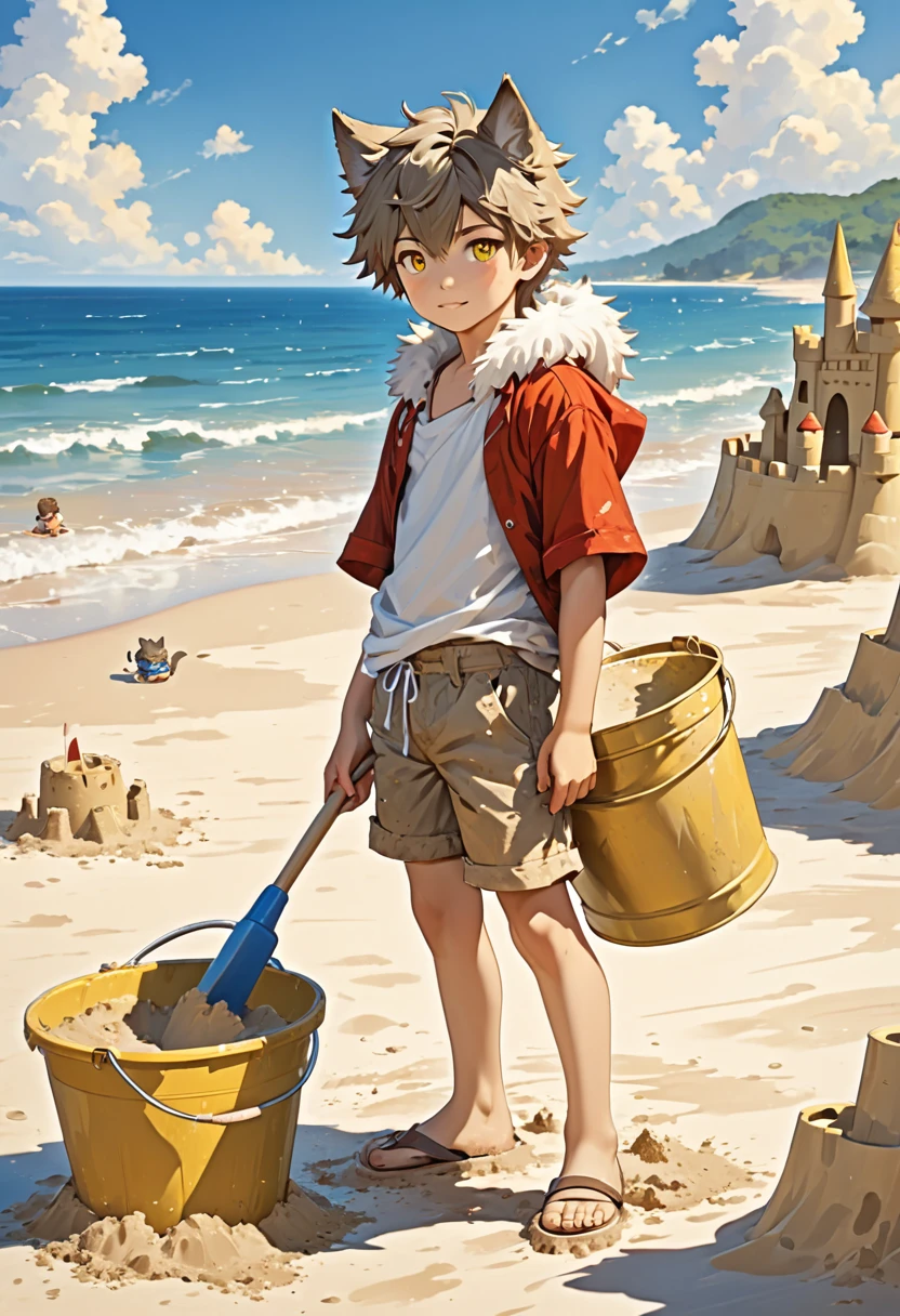 A wolf boy with light fur and small ears,the golden eyes,the boy wears cute, dirt-stained shorts,he is on the beach with a bucket and sand with a sticky sandcastle.
