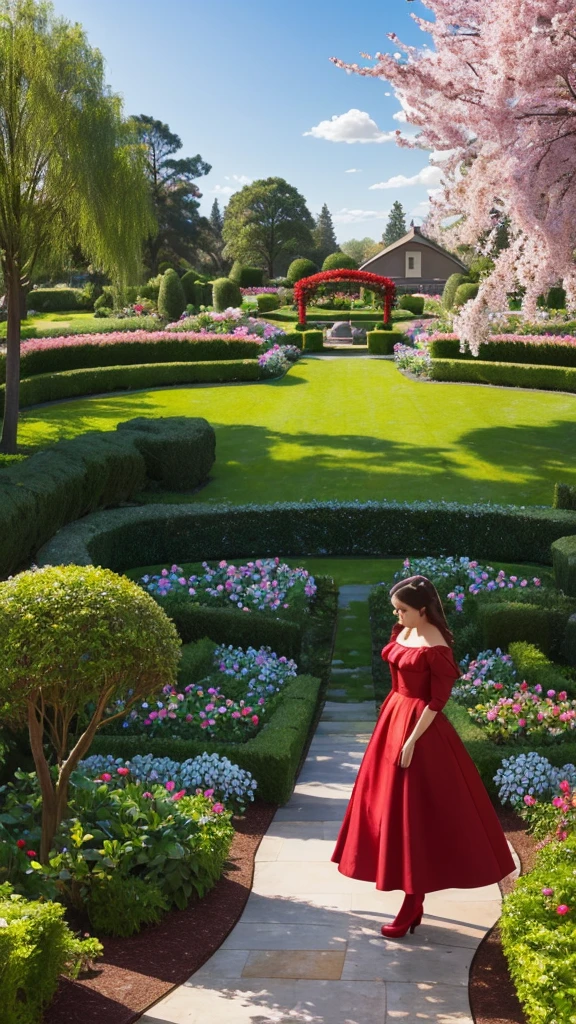 A beautiful garden,Lombard pines,weeping willows,Magnolias, tulips and red roses planted in the garden, a perfectly defined woman is wearing a carmine red dress, a cat sits at his feet and the magnificent blue sky rises above everything