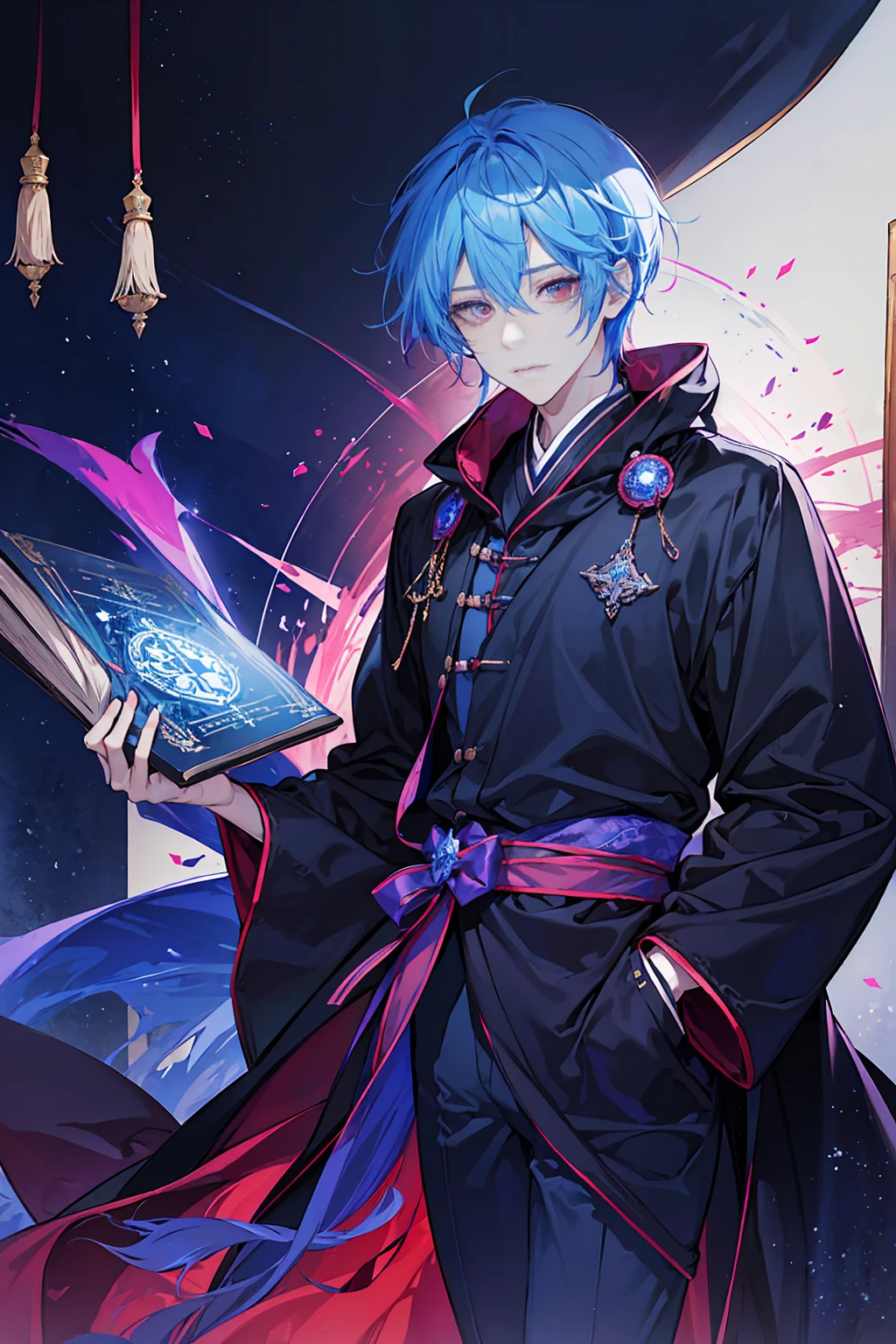 Sorcerer a pinkhightlightbluehair men, wearing a , fasion hair, fasion hair, slim body, hood, hakama, men, handsome face, tall 187cm, 21yearold, male, Secret, magicbook, red eyes,
