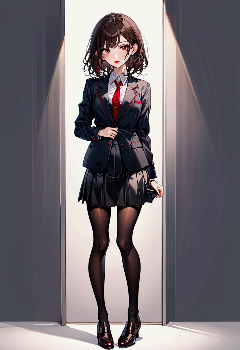 full body view, dark academia style, shirt tucked into short high-waisted skirt, stockings, dark academia blazer over shirt, black high heeled penny loafers, red lipstick, dark eyeshadow, beautiful brunette, innocent and demure expression, delicate pose