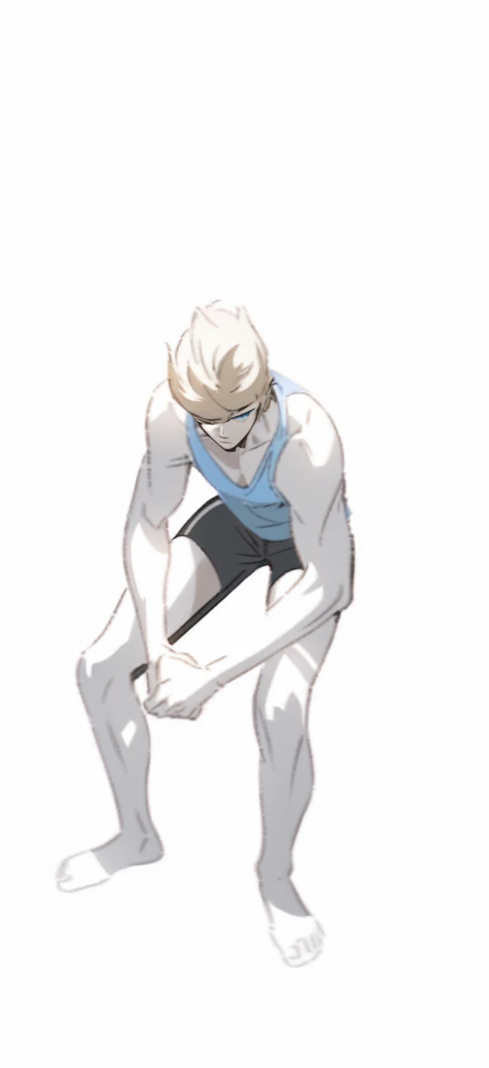 Anime boy in black leotard sitting on the floor, solo, Anime boy in white tights sitting on the floor, Anime boy with blonde tied hair sitting on the floor, 最もStrong pose, Elegant floating pose, Wearing a leotard, Dramatic floating pose, Anime Pose, Beautiful boy, Relaxed pose, Cool pose, Leotard, Thin shoulder straps, Strong pose, Striking an elegant pose, Cute face, leotard with an black, leotard top with an camisole, leotard bottom with an high leg, Full Body Pose, Neutral Pose, tights with an white, pantyhose with an white,