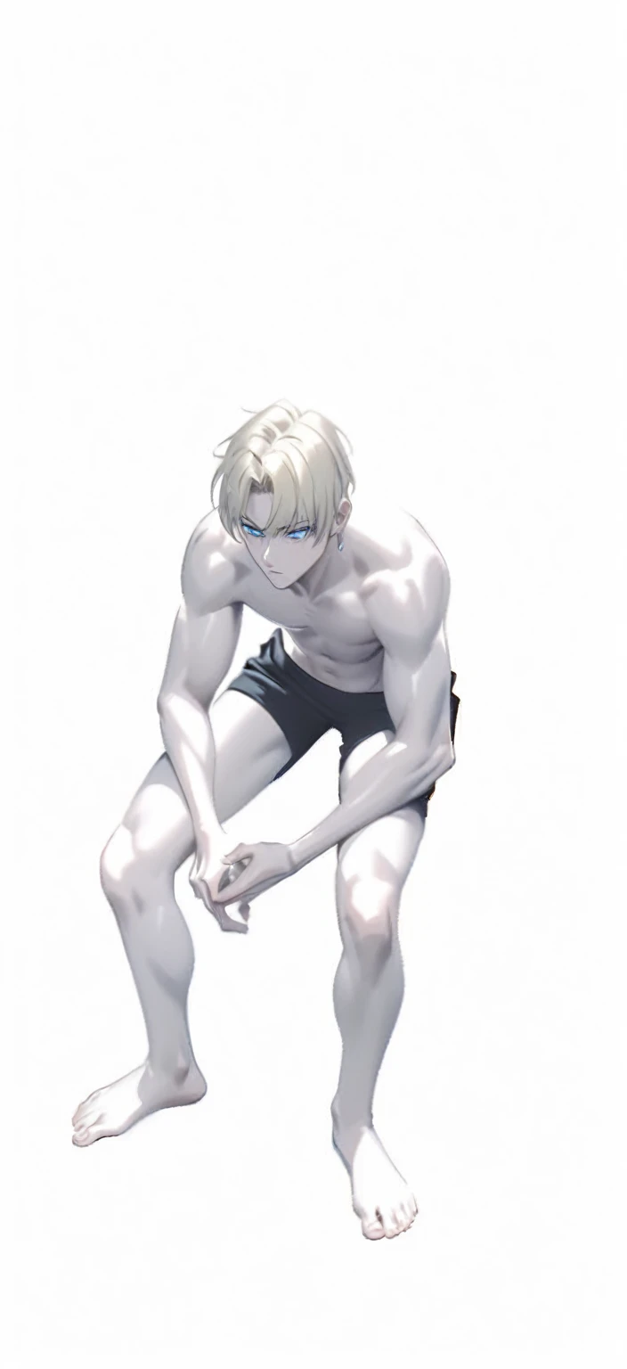 a handsome male,with short dark blond hair and blue eyes wearing a blue t-shirt and black pants, and he is sitting down, manwha art style