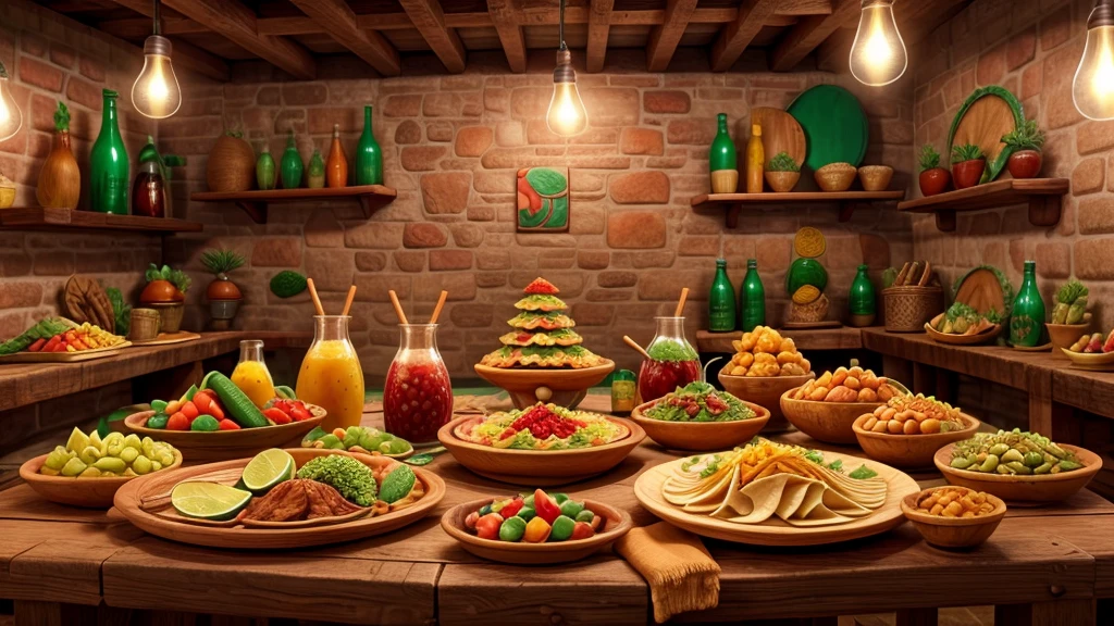 Lots of Mexican food and Mexican fruits, A sparkling pulque glass in the middle,