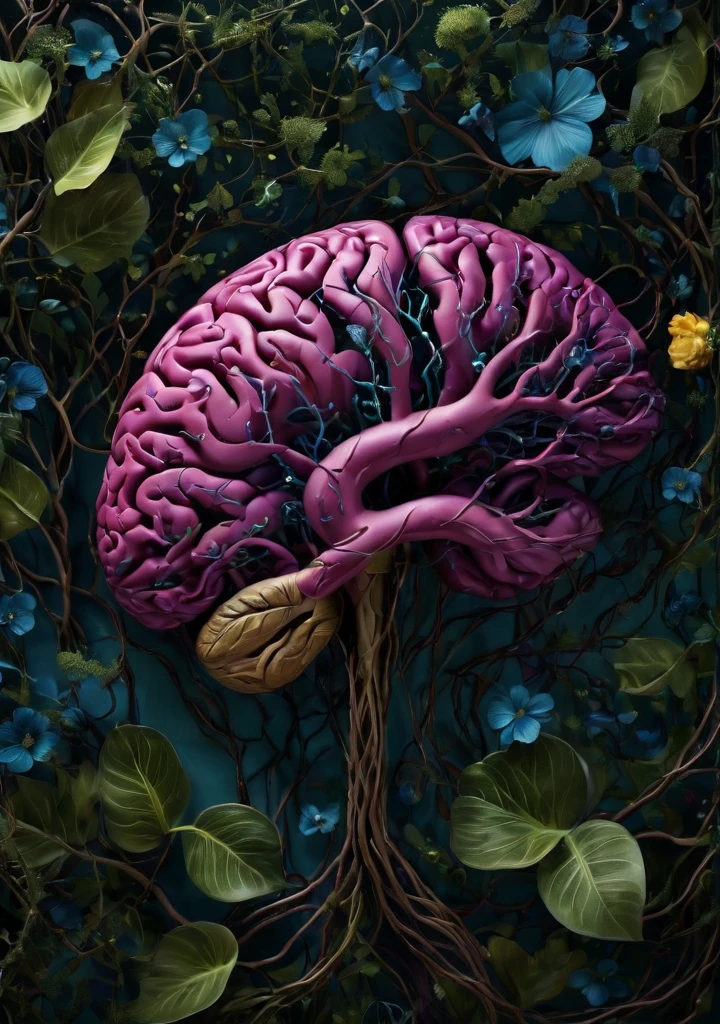 A mesmerizing digital illustration of a human brain. The brain CONSISTS ENTIRELY OF intricately woven with trees, vines, and flowers, which are sprouting from the brain stem, creating a surreal and organic fusion of nature and intelligence. The vines branch out, forming complex neural networks that are translucent and extend into the surroundings. The brain is depicted without bones and skin, purely composed of the vegetation, showcasing the interconnectedness of nature and human cognition. The illustration is rendered with extreme detail, capturing every intricate texture of the trees, vines, and flowers, creating a visually stunning masterpiece. The colors of the illustration are vivid and vibrant, with a color palette dominated by various shades of green and violet, representing growth, life, and harmony. Some flowers bloom in vibrant hues of pink, blue, and yellow, adding pops of color to the overall composition. It is a true masterpiece of digital art. (best quality, ultra-detailed, realistic