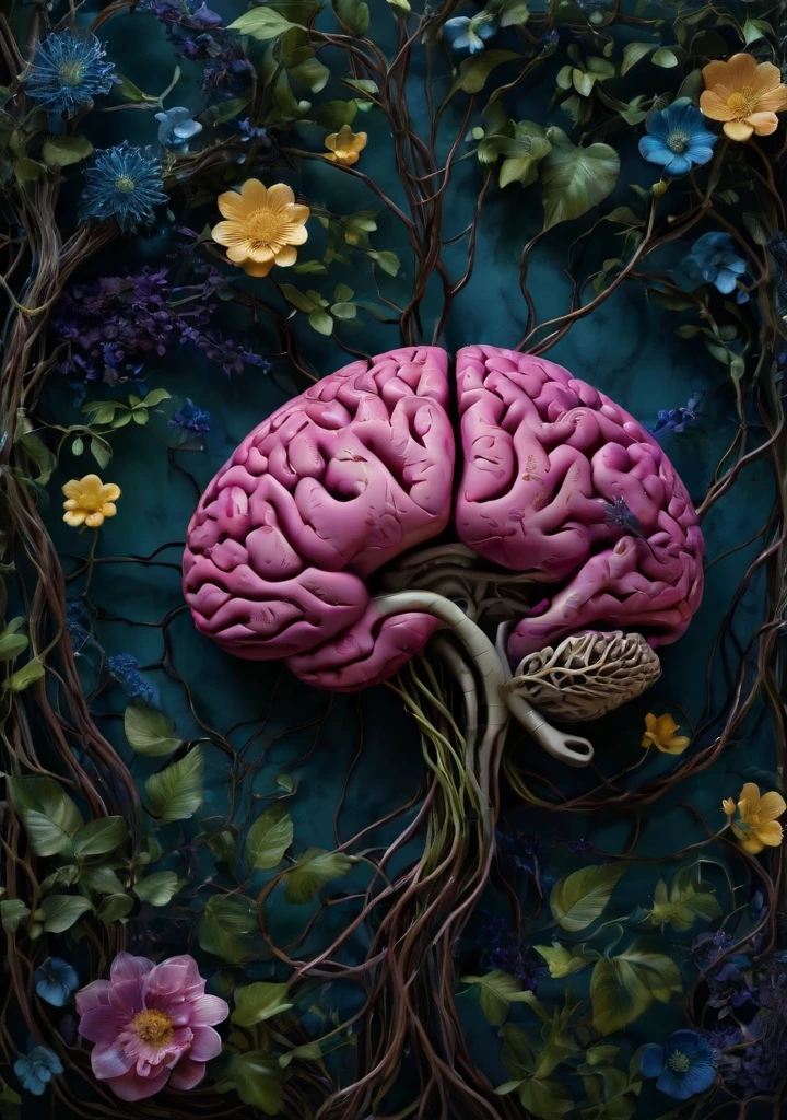 A mesmerizing digital illustration of a human brain. The brain CONSISTS ENTIRELY OF intricately woven with trees, vines, and flowers, which are sprouting from the brain stem, creating a surreal and organic fusion of nature and intelligence. The vines branch out, forming complex neural networks that are translucent and extend into the surroundings. The brain is depicted without bones and skin, purely composed of the vegetation, showcasing the interconnectedness of nature and human cognition. The illustration is rendered with extreme detail, capturing every intricate texture of the trees, vines, and flowers, creating a visually stunning masterpiece. The colors of the illustration are vivid and vibrant, with a color palette dominated by various shades of green and violet, representing growth, life, and harmony. Some flowers bloom in vibrant hues of pink, blue, and yellow, adding pops of color to the overall composition. It is a true masterpiece of digital art. (best quality, ultra-detailed, realistic