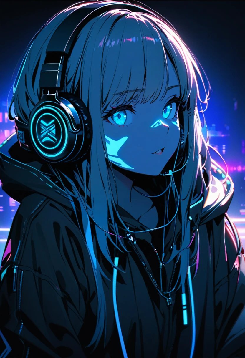 Super detailed,1 girl, alone, hoodie, Facial Contour, headphone, RGB lighting headphones, headphones with blue lighting, headphone with cable