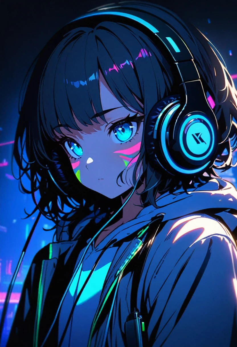  Super detailed,1 girl, alone, hoodie, Facial Contour, headphone, RGB lighting headphones, headphones with blue lighting, headphone with cable