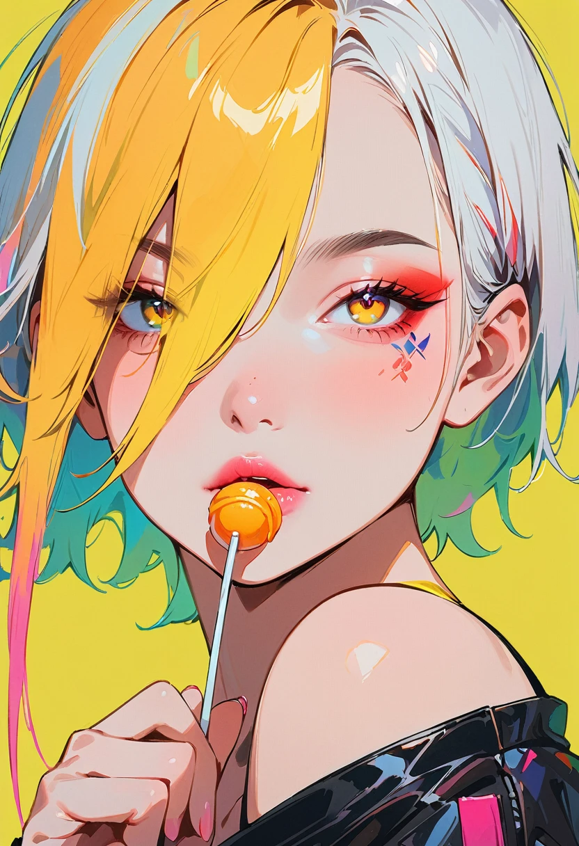 (masterpiece, best quality:1.4), 1 girl, 独奏, Anime style, Colorful pupils, Blurred eyes, With a lollipop, Pink lower lip, Cyberpunk style makeup, Orange red lower eye shadow, Short silver asymmetrical hair, Asymmetrical short hairstyle, Long bangs on one side, Color highlights, Black off-the-shoulder leather jacket, Pure yellow background.