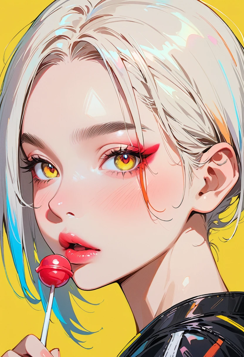 (masterpiece, best quality:1.4), 1 girl, 独奏, Anime style, Colorful pupils, Blurred eyes, With a lollipop, Pink lower lip, Cyberpunk style makeup, Orange red lower eye shadow, Short silver asymmetrical hair, Asymmetrical short hairstyle, Long bangs on one side, Color highlights, Black off-the-shoulder leather jacket, Pure yellow background.