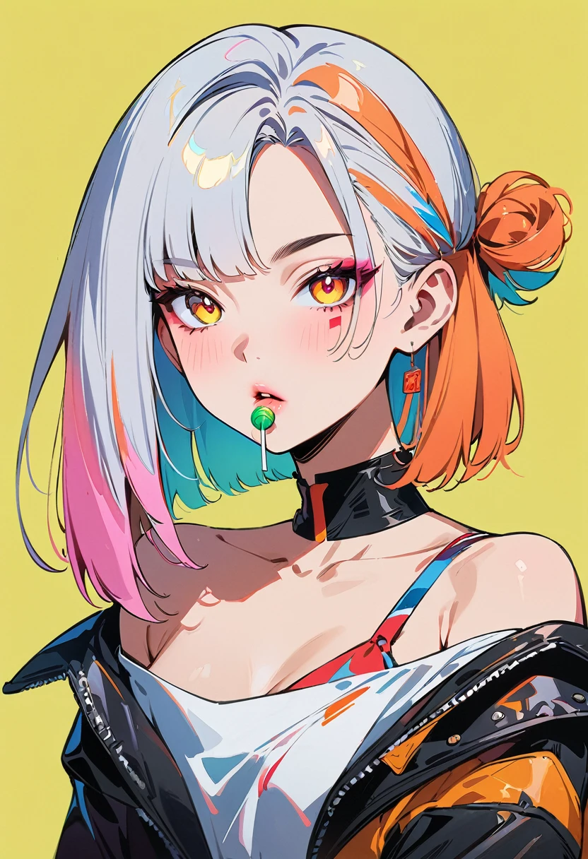 (masterpiece, best quality:1.4), 1 girl, 独奏, Anime style, Colorful pupils, Blurred eyes, With a lollipop, Pink lower lip, Cyberpunk style makeup, Orange red lower eye shadow, Short silver asymmetrical hair, Asymmetrical short hairstyle, Long bangs on one side, Color highlights, Black off-the-shoulder leather jacket, Pure yellow background.