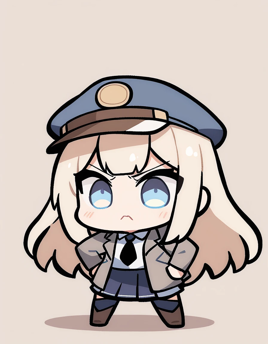One girl, Beige hair、Long Hair、Bangs、Detective Suit、chibi,Light blue eyes、simple background、Get angry、Newsboy hat、skirt