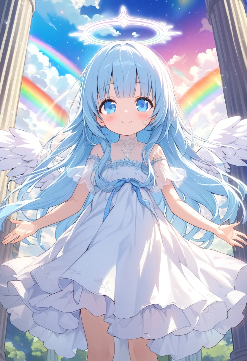 masterpiece, best quality, extremely detailed, (illustration, official art:1.1), 1 girl ,(((( light blue long hair)))), ,(((( light blue long hair)))),light blue hair , , long hair ((blush)) , cute face, big eyes, masterpiece, best quality,(((((a very delicate and beautiful girl))))),Amazing,beautiful detailed eyes,blunt bangs(((( little delicate girl)))),tareme(true beautiful:1.2), sense of depth,dynamic angle,,,, affectionate smile, (true beautiful:1.2),,(tiny 1girl model:1.2),)(flat chest) ,absurdres, highres,
BREAK
angel girl descending from heaven, Divine Light from Heaven, (Rainbow:1.2) over Clouds, open arms, Illusory Light particles, spread wings, Pillars of Light, smile
,Big angel halo