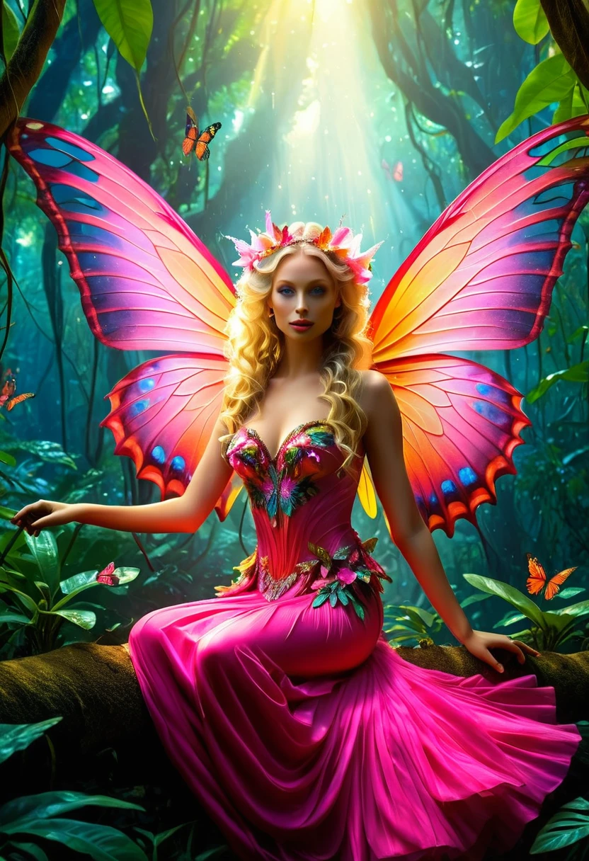a picture of a jungle fairy, an extraordinary beautiful, elegant beauty, divine beautiful fairy, ((anatomically correct: 1.5)) spread erfly wings, colorful wings, pink eyes, glowing eyes, (ultra detailed face: 1.2), best detailed face,  blond hair, rich hair, wavy hair, glamour dress, wild dress, dress decorated with jungle flowers,  sitting on massive heliconia tree the rain forest, sun rays coming through the trees, Hyperrealism style, vibrant, Ultra-high resolution, High Contrast, (masterpiece:1.5), highest quality, Best aesthetics), best details, best quality, highres, ultra wide angle, 16k, [ultra detailed], masterpiece, best quality, (extremely detailed) RAW, Cinematic Hollywood Film style, FairyTaleAI, fairy wings, digital painting