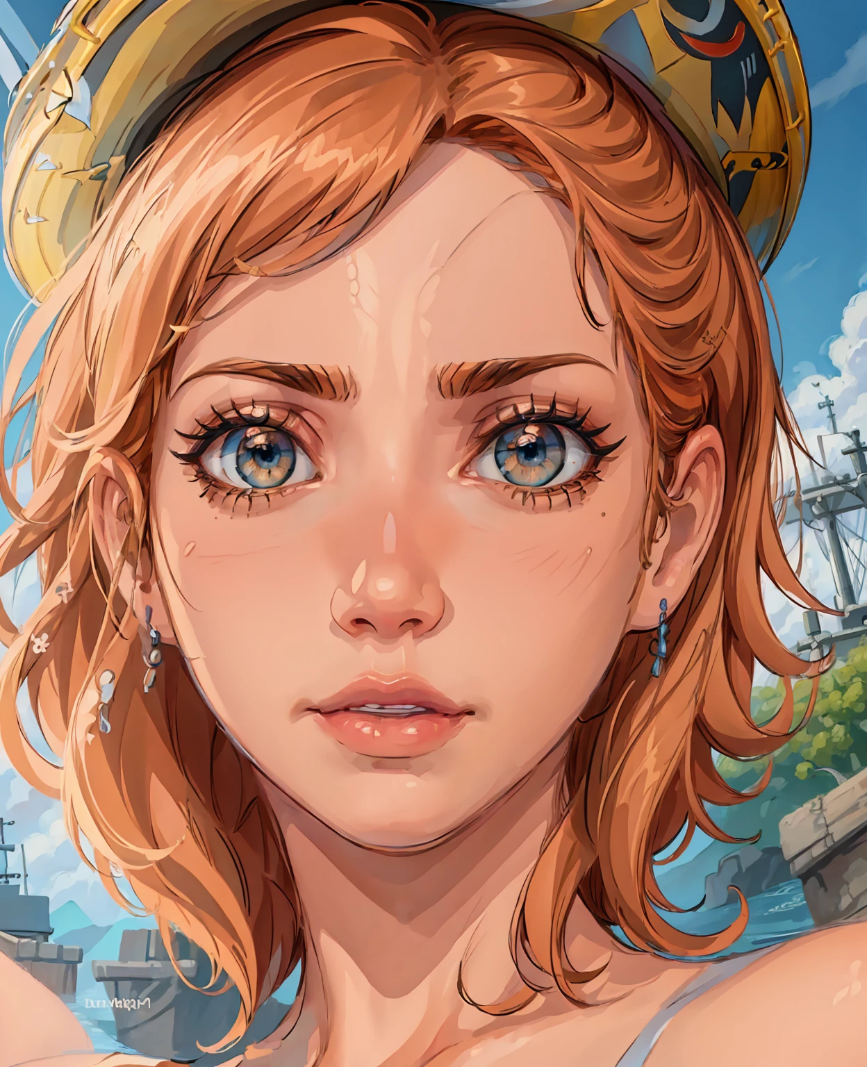 realistic portrait of Nami from one piece, extremely detailed face, beautiful detailed eyes, beautiful detailed lips, long eyelashes, orange hair, blue eyes, mischievous expression, detailed intricate outfit, pirate ship in background, dramatic lighting, cinematic composition, vibrant colors, digital painting, octane render, hyper realistic, 8k, best quality