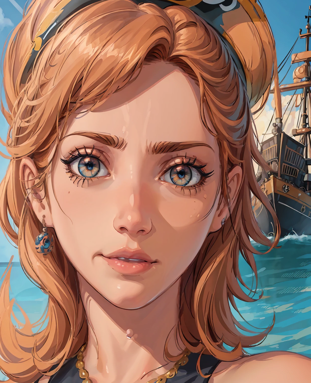 realistic portrait of Nami from one piece, extremely detailed face, beautiful detailed eyes, beautiful detailed lips, long eyelashes, orange hair, blue eyes, mischievous expression, detailed intricate outfit, pirate ship in background, dramatic lighting, cinematic composition, vibrant colors, digital painting, octane render, hyper realistic, 8k, best quality