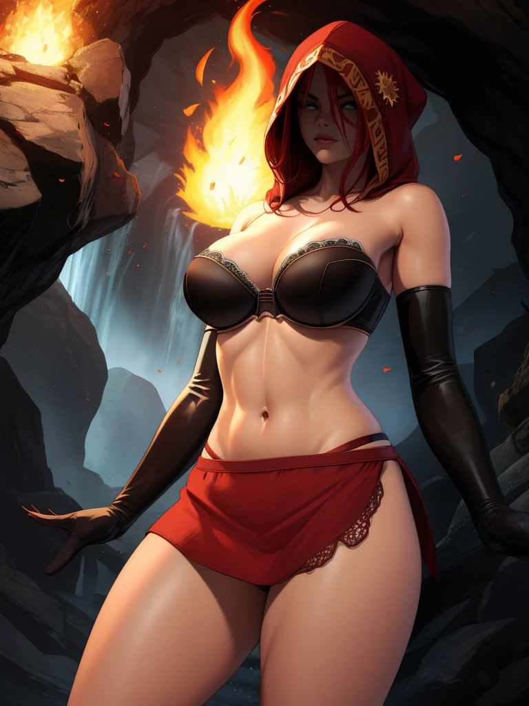 Dsorceress, redhair, shadowy face,dark cave, fire, hood, shadowed face, strapless bra, slim and athletic body, miniskirt, no panty, elbow gloves, dark skin, 1 girl (insanely detailed, masterpiece, best quality)