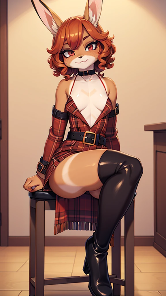 (best quality), 8k, masterpiece, vibrant colors, Rabbit girl, copper hair, perfect face, joyful laugh, (curly bob hair), (tan:1.5), (tan-lines:1.3), (red lipstick), black eyeliner, long lashes, (golden eyeshadow), furry ears, collarbone, (((flat-chested))), 
BREAK,
((Plaid blazer dress with a leather belt)), combined with sheer black pantyhose and thigh-high boots for a chic winter outfit, 
BREAK, 
 Sitting on a stool, (one leg crossed over the other), and a sassy side-eye expression,