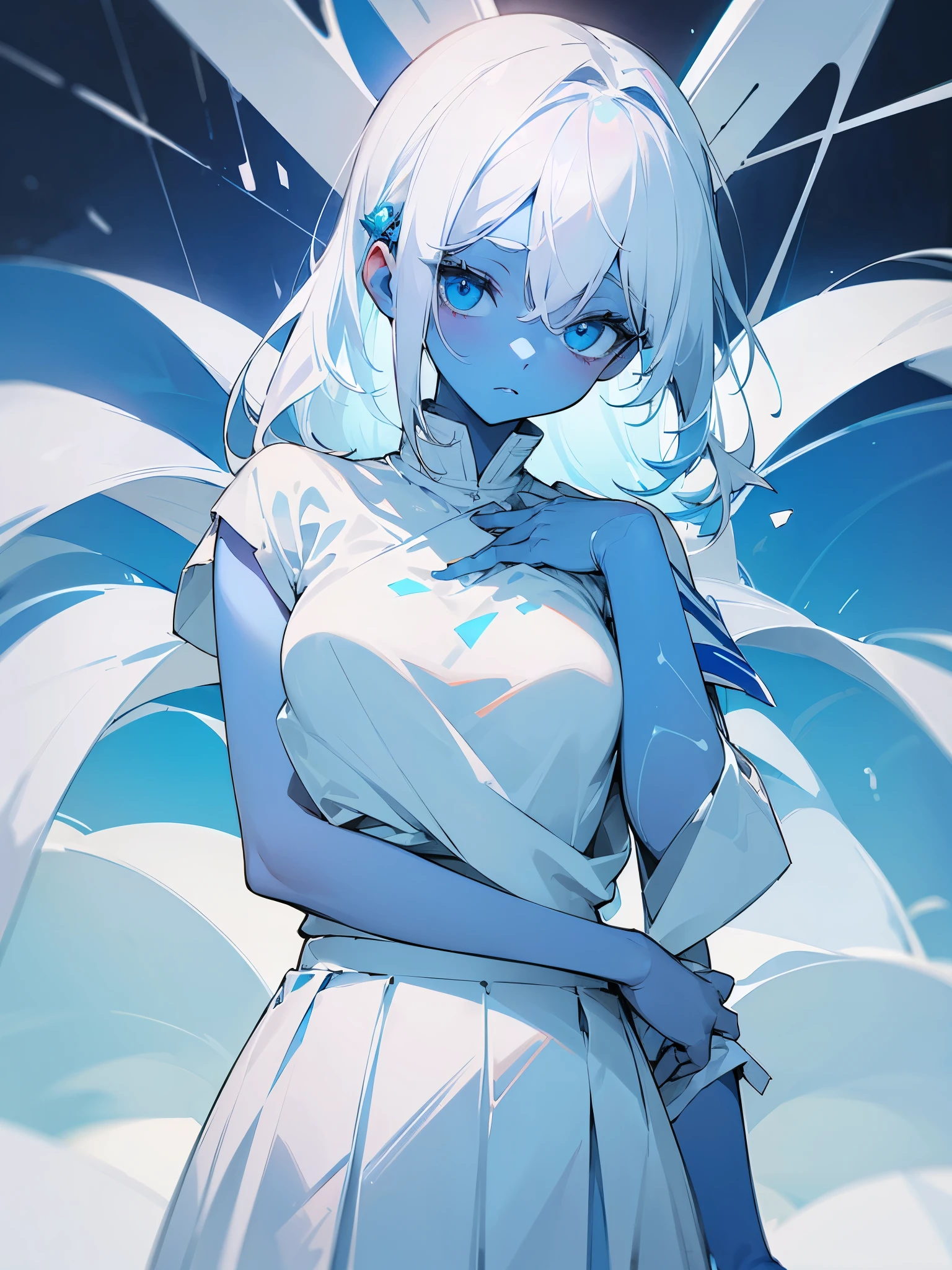 ((Blue skin)), ((missing one arm completely)), white skirt, greece white upper body clothes, girl, white hair