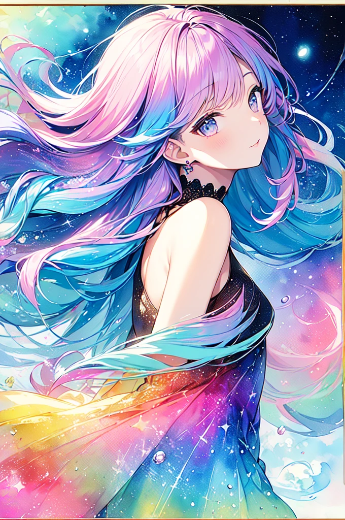 (masterpiece, Highest quality, Highest quality,watercolor (Moderate),Official Art, beautifully、aesthetic:1.2),(1 girl:1.3), (Fractal Art:1.3),Upper Body, From the side, Looking at the audience,pattern,(Rainbow Hair,colorful hair,Half blue、Half pink hair:1.2),water,liquid, cloud,colorful, Starry Sky,performer,