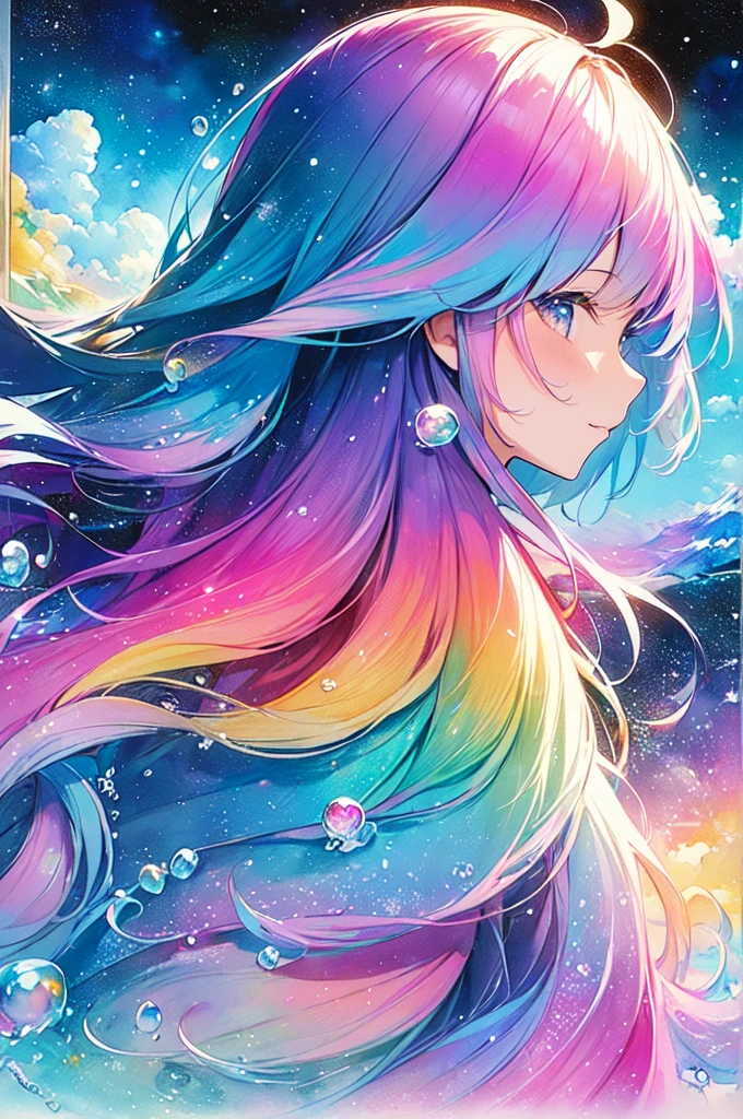 (masterpiece, Highest quality, Highest quality,watercolor (Moderate),Official Art, beautifully、aesthetic:1.2),(1 girl:1.3), (Fractal Art:1.3),Upper Body, From the side, Looking at the audience,pattern,(Rainbow Hair,colorful hair,Half blue、Half pink hair:1.2),water,liquid, cloud,colorful, Starry Sky,performer,