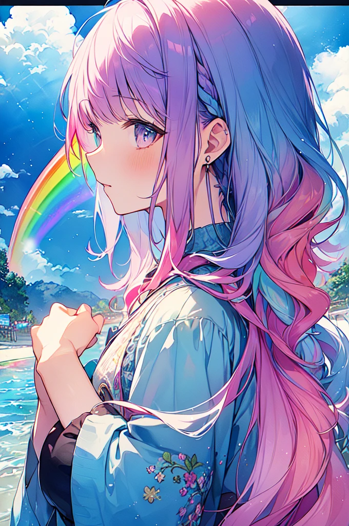 (masterpiece, Highest quality, Highest quality,watercolor (Moderate),Official Art, beautifully、aesthetic:1.2),(1 girl:1.3), (Fractal Art:1.3),Upper Body, From the side, Looking at the audience,pattern,(Rainbow Hair,colorful hair,Half blue、Half pink hair:1.2),water,liquid, cloud,colorful, Starry Sky,performer,