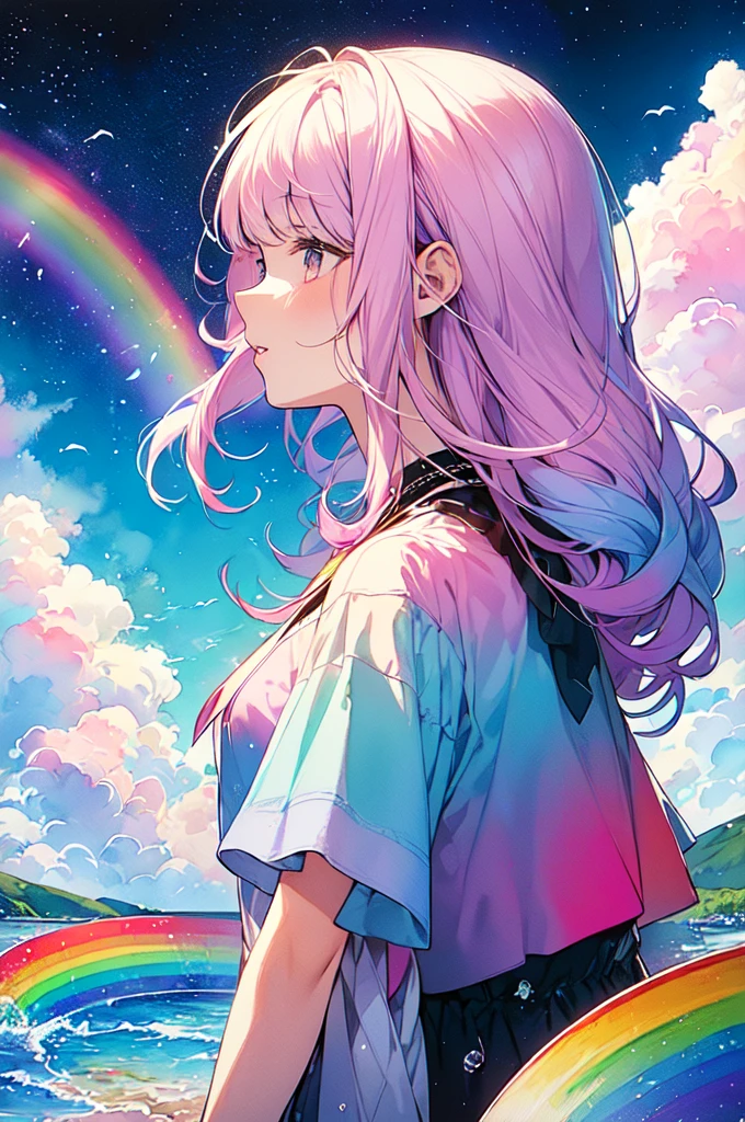 (masterpiece, Highest quality, Highest quality,watercolor (Moderate),Official Art, beautifully、aesthetic:1.2),(1 girl:1.3), (Fractal Art:1.3),Upper Body, From the side, Looking at the audience,pattern,(Rainbow Hair,colorful hair,Half blue、Half pink hair:1.2),water,liquid, cloud,colorful, Starry Sky,performer,
