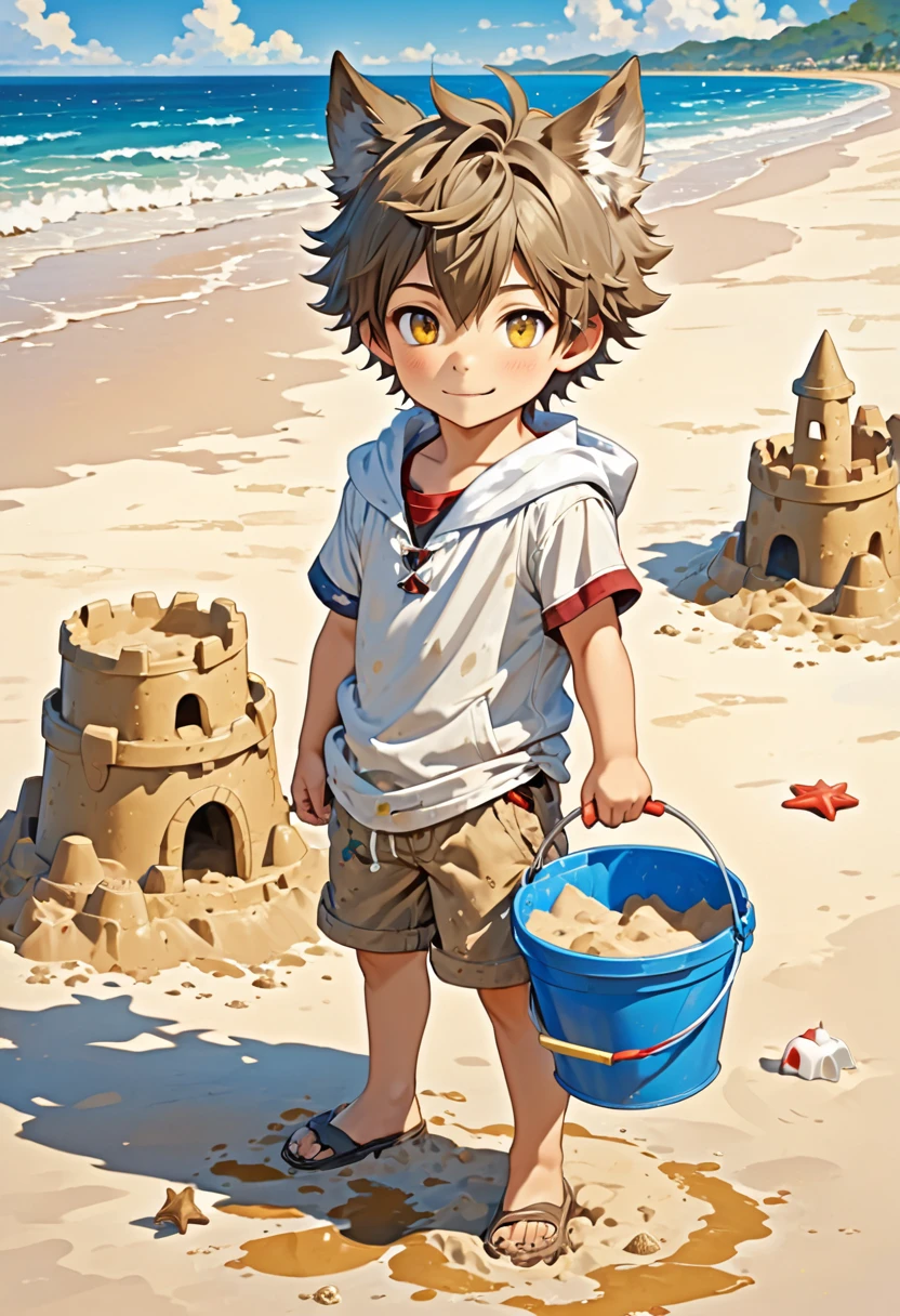 A wolf boy with light fur and small ears,the golden eyes,the boy wears cute, dirt-stained shorts,he is on the beach with a bucket and sand with a sticky sandcastle.