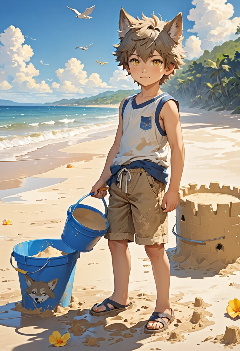 A wolf boy with light fur and small ears,the golden eyes,the boy wears cute, dirt-stained shorts,he is on the beach with a bucket and sand with a sticky sandcastle.