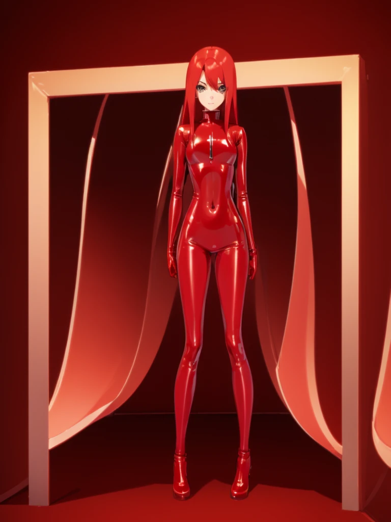 1 girl, ((red latex suit)), standing sexily, looking at viewer, long hair, flirty_look