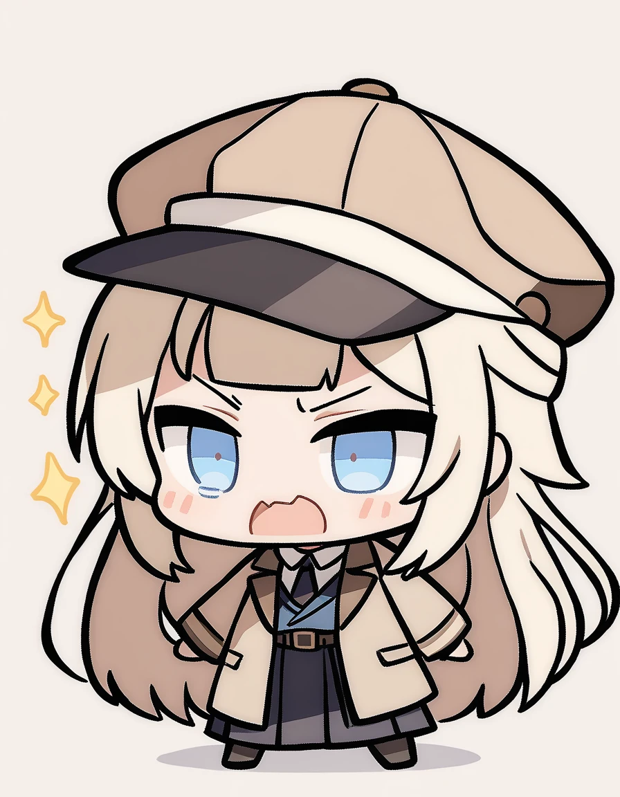 One girl, Beige hair、Long Hair、Bangs、Detective Suit、chibi,Light blue eyes、simple background、Get angry、Newsboy hat、skirt