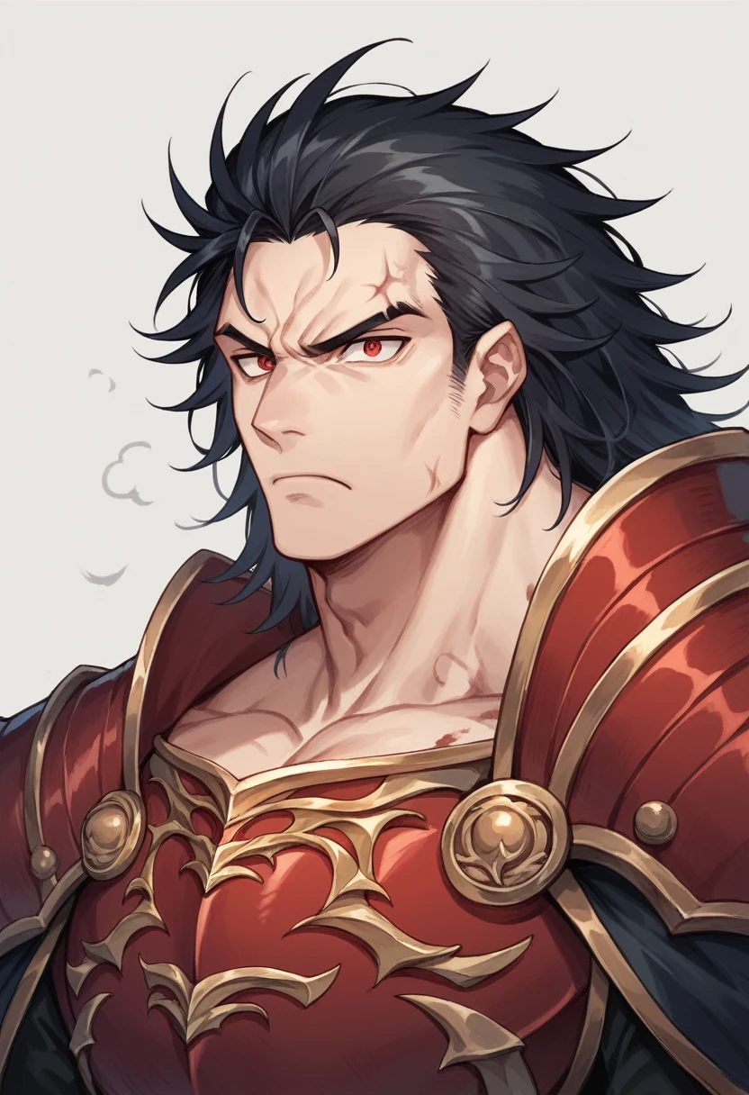 Tall man, masculine, muscular, (long messy black hair:1.3), red dragoneyes, (intimidating:1.3), serious look on his face, crude black armor, black overcoat