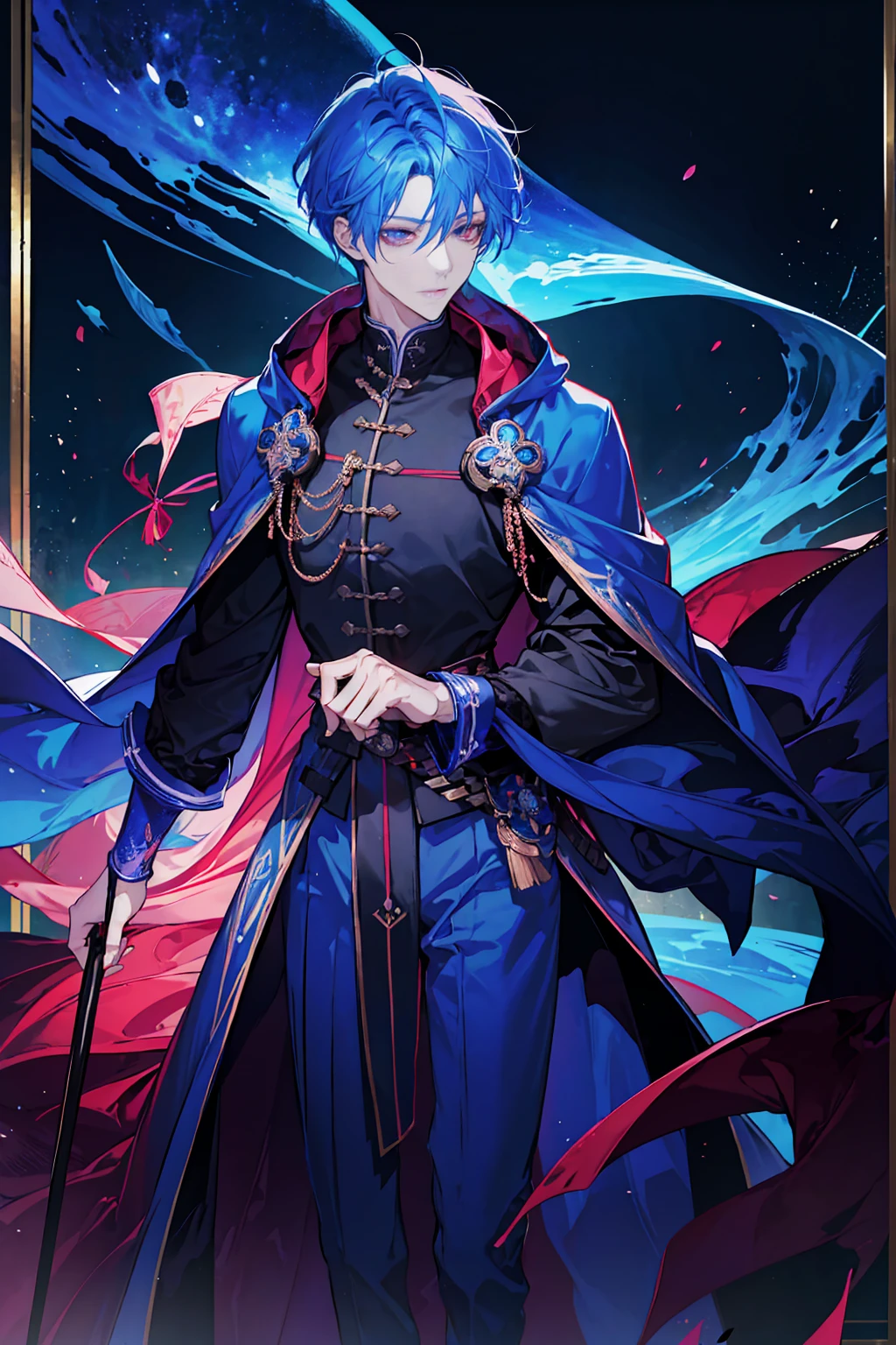 Sorcerer a pinkhightlightbluehair men, wearing a , fasion hair, fasion hair, slim body, hood, hakama, men, handsome face, tall 187cm, 21yearold, male, Secret, magicbook, red eyes, villianface