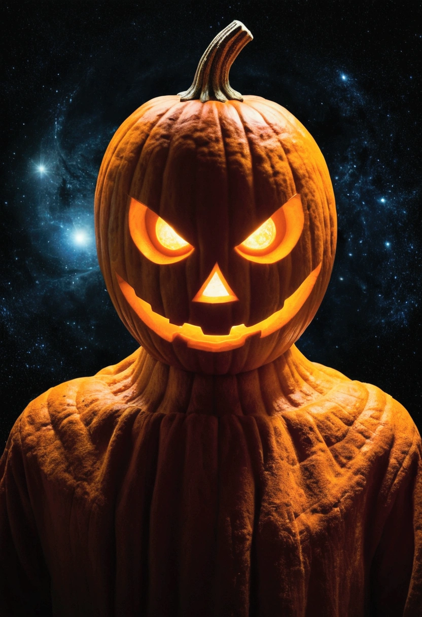 Mysterious pumpkin head, Staring directly at the soul, sly look, In space, Paradox, In time and space.