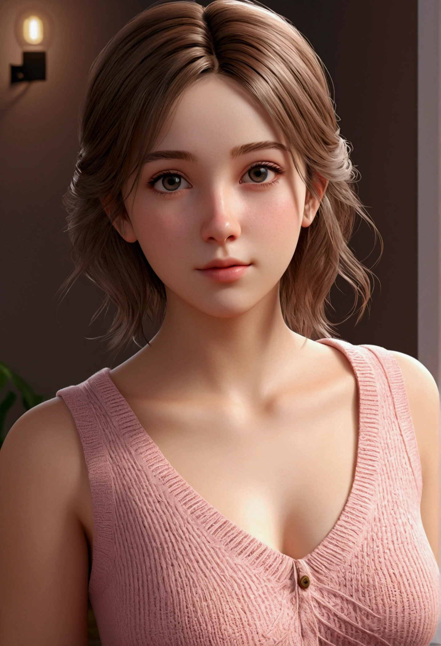 Highly detailed CG Unity 8K wallpaper, With the highest quality, super detailed, Master Piece, Realistic, photograph realistic, extremely detailed cute girl, 25 years old, (sleeveless sweater) , (blush) , Round eyes, medium breasts, looking viewer, Naked