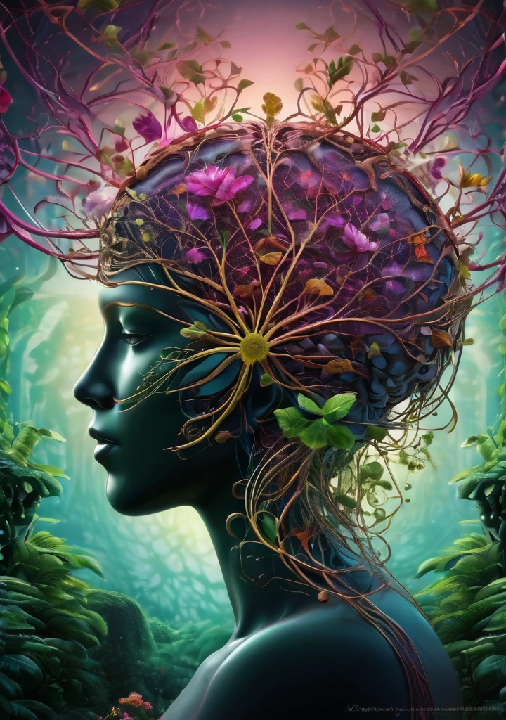 A mesmerizing digital illustration of a human brain. The brain CONSISTS ENTIRELY OF intricately woven with trees, vines, and flowers, which are sprouting from the brain stem, creating a surreal and organic fusion of nature and intelligence. The vines branch out, forming complex neural networks that are translucent and extend into the surroundings. The brain is depicted without bones and skin, purely composed of the vegetation, showcasing the interconnectedness of nature and human cognition. The illustration is rendered with extreme detail, capturing every intricate texture of the trees, vines, and flowers, creating a visually stunning masterpiece. The colors of the illustration are vivid and vibrant, with a color palette dominated by various shades of green and violet, representing growth, life, and harmony. Some flowers bloom in vibrant hues of pink, blue, and yellow, adding pops of color to the overall composition. It is a true masterpiece of digital art. (best quality, ultra-detailed, realistic