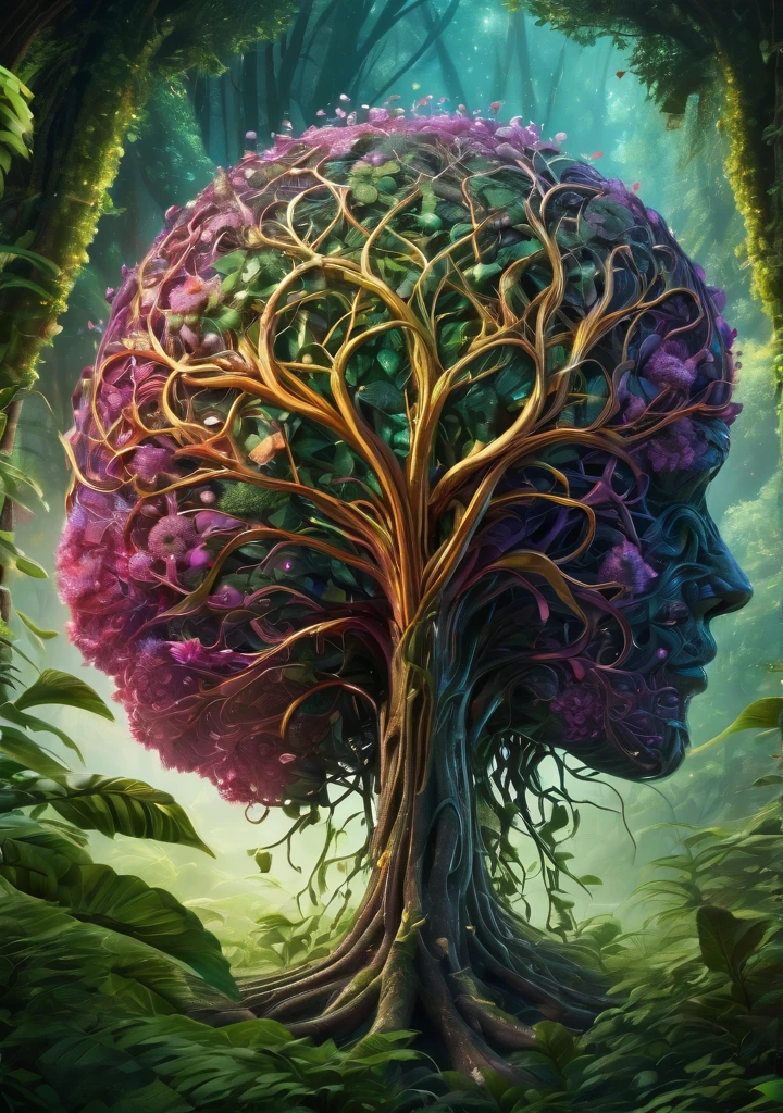 A mesmerizing digital illustration of a human brain. The brain CONSISTS ENTIRELY OF intricately woven with trees, vines, and flowers, which are sprouting from the brain stem, creating a surreal and organic fusion of nature and intelligence. The vines branch out, forming complex neural networks that are translucent and extend into the surroundings. The brain is depicted without bones and skin, purely composed of the vegetation, showcasing the interconnectedness of nature and human cognition. The illustration is rendered with extreme detail, capturing every intricate texture of the trees, vines, and flowers, creating a visually stunning masterpiece. The colors of the illustration are vivid and vibrant, with a color palette dominated by various shades of green and violet, representing growth, life, and harmony. Some flowers bloom in vibrant hues of pink, blue, and yellow, adding pops of color to the overall composition. It is a true masterpiece of digital art. (best quality, ultra-detailed, realistic